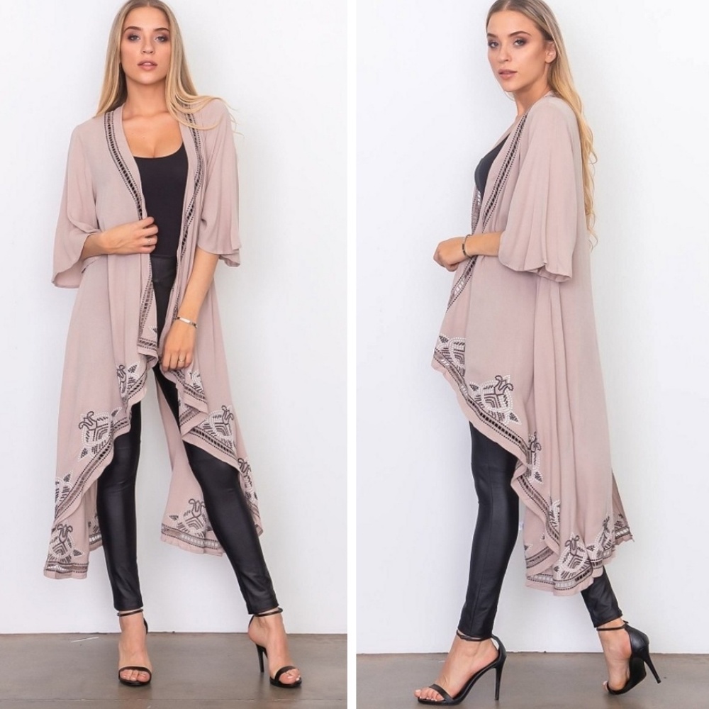 Long Asymmetrical Crochet Trim Kimono Cardigan